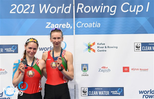 Tatsiana Hancharova (b), Alena Furman (s), Lightweight Women's Double Sculls, Belarus, silver, 2021 World Rowing Cup I, Zagreb, Croatia / Detlev Seyb/MyRowingPhoto.com