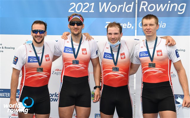 Dominik Czaja (b), Wiktor Chabel, Szymon Posnik, Fabian Baranski (s), Men's Quadruple Sculls, Poland, silver, 2021 World Rowing Cup I, Zagreb, Croatia / Detlev Seyb/MyRowingPhoto.com