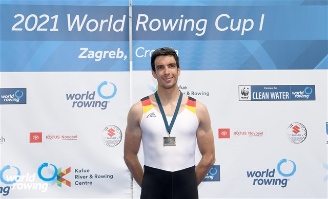 Joachim Agne, Lightweight Men's Single Sculls, Germany, silver, 2021 World Rowing Cup I, Zagreb, Croatia / Detlev Seyb/MyRowingPhoto.com