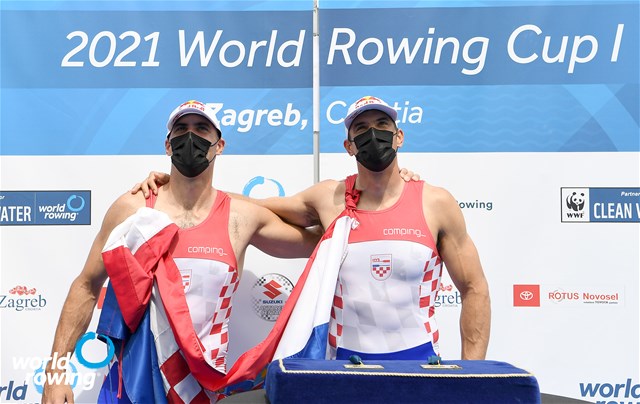 Martin Sinkovic (b), Valent Sinkovic (s), Men's Pair, Croatia, gold, 2021 World Rowing Cup I, Zagreb, Croatia / Detlev Seyb/MyRowingPhoto.com