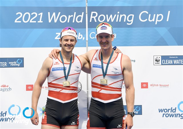 Barnabe Delarze (b), Roman Roeoesli (s), Men's Double Sculls, Switzerland, bronze, 2021 World Rowing Cup I, Zagreb, Croatia / Detlev Seyb/MyRowingPhoto.com
