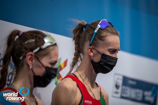 Tatsiana Hancharova (b), Alena Furman (s), Lightweight Women's Double Sculls, Belarus, 2021 World Rowing Cup I, Zagreb, Croatia / World Rowing/Benedict Tufnell