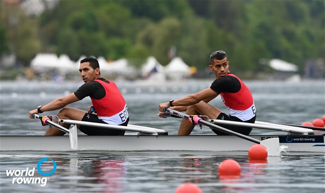 Ahmed Abdelaal (b), Mohamed Kota (s), Lightweight Men's Double Sculls, Egypt, 2021 World Rowing Final Olympic Qualification Regatta, Lucerne, Switzerland / Detlev Seyb/MyRowingPhoto.com