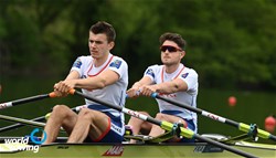 Hugo Beurey (b), Victor Marcelot (s), Lightweight Men's Double Sculls, France, 2021 World Rowing Final Olympic Qualification Regatta, Lucerne, Switzerland / Detlev Seyb/MyRowingPhoto.com