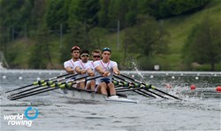 Stanislas Desgrippes (b), Alberic Cormerais, Bastien Quiqueret, Benjamin Haguenauer (s), Men's Quadruple Sculls, France, 2021 World Rowing Final Olympic Qualification Regatta, Lucerne, Switzerland / Detlev Seyb/MyRowingPhoto.com
