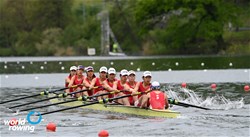 Zifeng Wang (b), Yuwei Wang, Fei Xu, Tian Miao, Min Zhang, Rui Ju, Jingjing Li, Linlin Guo (s), Dechang Zhang (c), Women's Eight, People's Republic of China, 2021 World Rowing Final Olympic Qualification Regatta, Lucerne, Switzerland / Detlev Seyb/MyRowingPhoto.com