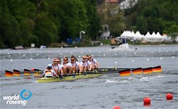 Melanie Goeldner (b), Michaela Staelberg, Pia Greiten, Alexandra Hoeffgen, Alyssa Meyer, Frauke Hundeling, Marie-Catherine Arnold, Tabea Schendekehl (s), Larina Hillemann (c), Women's Eight, Germany, 2021 World Rowing Final Olympic Qualification Regatta, Lucerne, Switzerland / Detlev Seyb/MyRowingPhoto.com