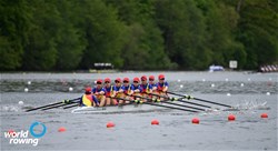 Maria-Magdalena Rusu (b), Viviana-Iuliana Bejinariu, Georgiana Dedu, Maria Tivodariu, Ioana Vrinceanu, Amalia Beres, Madalina Beres, Denisa Tilvescu (s), Daniela Druncea (c), Women's Eight, Romania, 2021 World Rowing Final Olympic Qualification Regatta, Lucerne, Switzerland / Detlev Seyb/MyRowingPhoto.com