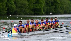 Alexandru Chioseaua (b), Florin-Sorin Lehaci, Constantin Radu, Sergiu-Vasile Bejan, Vlad-Dragos Aicoboae, Constantin Adam, Florin-Nicolae Arteni-Fintinariu, Ciprian Huc (s), Adrian Munteanu (c), Men's Eight, Romania, 2021 World Rowing Final Olympic Qualification Regatta, Lucerne, Switzerland / Detlev Seyb/MyRowingPhoto.com