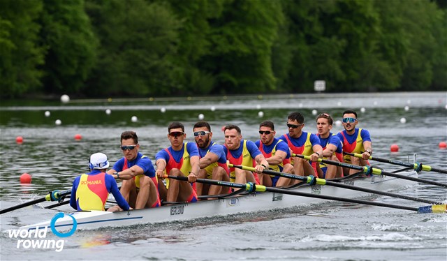 Alexandru Chioseaua (b), Florin-Sorin Lehaci, Constantin Radu, Sergiu-Vasile Bejan, Vlad-Dragos Aicoboae, Constantin Adam, Florin-Nicolae Arteni-Fintinariu, Ciprian Huc (s), Adrian Munteanu (c), Men's Eight, Romania, 2021 World Rowing Final Olympic Qualification Regatta, Lucerne, Switzerland / Detlev Seyb/MyRowingPhoto.com