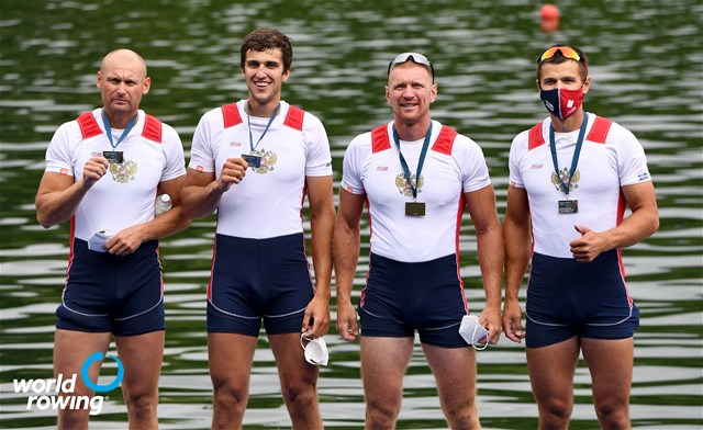 Nikita Morgachev (b), Artem Kosov, Nikolay Pimenov, Pavel Sorin (s), Men's Quadruple Sculls, Russian Federation, 2021 World Rowing Final Olympic Qualification Regatta, Lucerne, Switzerland / Detlev Seyb/MyRowingPhoto.com
