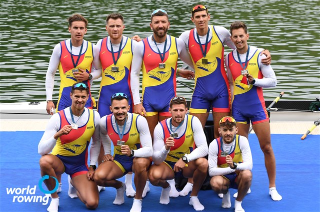 Alexandru Chioseaua (b), Florin-Sorin Lehaci, Constantin Radu, Sergiu-Vasile Bejan, Vlad-Dragos Aicoboae, Constantin Adam, Florin-Nicolae Arteni-Fintinariu, Ciprian Huc (s), Adrian Munteanu (c), Men's Eight, Romania, 2021 World Rowing Final Olympic Qualification Regatta, Lucerne, Switzerland / Detlev Seyb/MyRowingPhoto.com