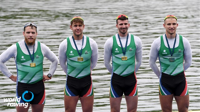 Lawrence Brittain (b), Kyle Schoonbee, John Smith, Sandro Paulo Torrente (s), Men's Four, South Africa, 2021 World Rowing Final Olympic Qualification Regatta, Lucerne, Switzerland / Detlev Seyb/MyRowingPhoto.com