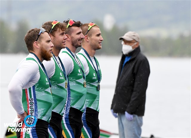 Lawrence Brittain (b), Kyle Schoonbee, John Smith, Sandro Paulo Torrente (s), Men's Four, South Africa, 2021 World Rowing Final Olympic Qualification Regatta, Lucerne, Switzerland / Detlev Seyb/MyRowingPhoto.com
