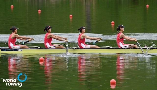 Miaomiao Qin (b), Shiyu Lu, Xinyu Lin, Fei Wang (s), Women's Four, People's Republic of China, 2021 World Rowing Final Olympic Qualification Regatta, Lucerne, Switzerland - Detlev Seyb/MyRowingPhoto.com