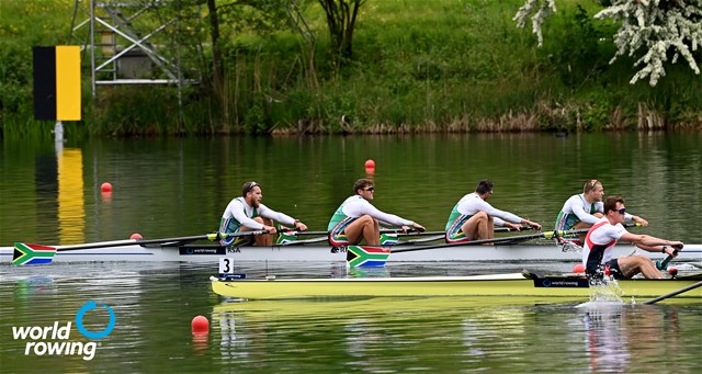 Lawrence Brittain (b), Kyle Schoonbee, John Smith, Sandro Paulo Torrente (s), Men's Four, South Africa, 2021 World Rowing Final Olympic Qualification Regatta, Lucerne, Switzerland - Detlev Seyb/MyRowingPhoto.com