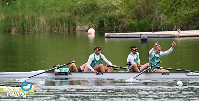 Lawrence Brittain (b), Kyle Schoonbee, John Smith, Sandro Paulo Torrente (s), Men's Four, South Africa, 2021 World Rowing Final Olympic Qualification Regatta, Lucerne, Switzerland - Detlev Seyb/MyRowingPhoto.com