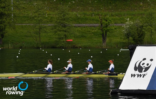 Salome Ulrich (b), Ella Von Der Schulenburg, Lisa Loetscher, Pascale Walker (s), Women's Quadruple Sculls, Switzerland, 2021 World Rowing Cup II, Lucerne, Switzerland / Detlev Seyb/MyRowingPhoto.com