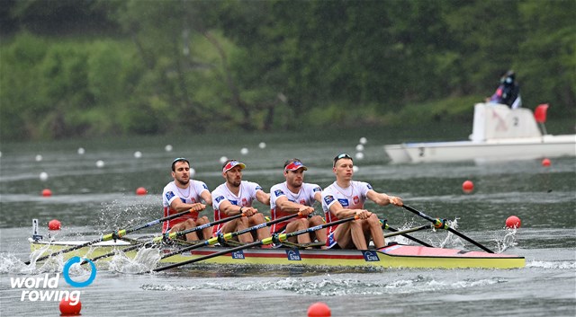 Dominik Czaja (b), Wiktor Chabel, Szymon Posnik, Fabian Baranski (s), Men's Quadruple Sculls, Poland, 2021 World Rowing Cup II, Lucerne, Switzerland / Detlev Seyb/MyRowingPhoto.com