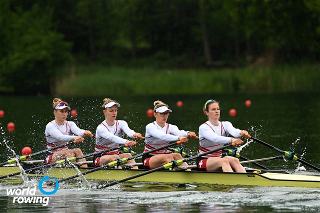 Salome Ulrich (b), Ella Von Der Schulenburg, Lisa Loetscher, Pascale Walker (s), Women's Quadruple Sculls, Switzerland, 2021 World Rowing Cup II, Lucerne, Switzerland / Detlev Seyb/MyRowingPhoto.com