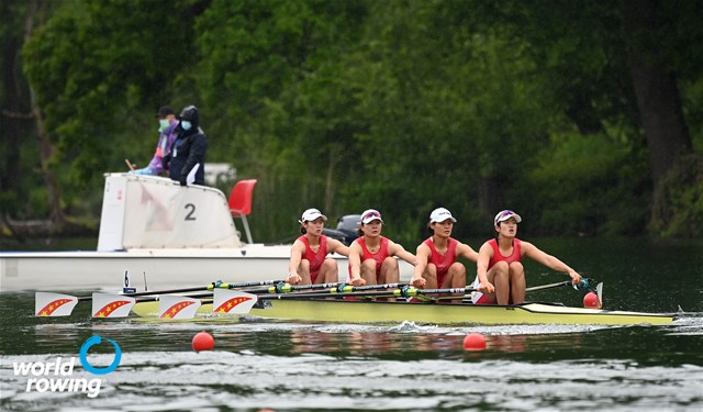 Yunxia Chen (b), Ling Zhang, Yang Lyu, Xiaotong Cui (s), Women's Quadruple Sculls, People's Republic of China, 2021 World Rowing Cup II, Lucerne, Switzerland / Detlev Seyb/MyRowingPhoto.com