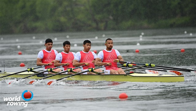 Xudi Yi (b), Ha Zang, Dang Liu, Quan Zhang (s), Men's Quadruple Sculls, People's Republic of China, 2021 World Rowing Cup II, Lucerne, Switzerland / Detlev Seyb/MyRowingPhoto.com