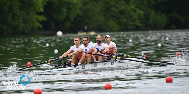 Mateusz Wilangowski (b), Mikolaj Burda, Marcin Brzezinski, Michal Szpakowski (s), Men's Four, Poland, 2021 World Rowing Cup II, Lucerne, Switzerland / Detlev Seyb/MyRowingPhoto.com