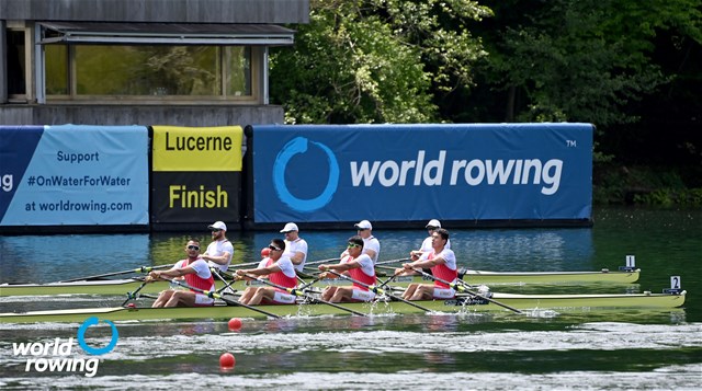 Xudi Yi (b), Ha Zang, Dang Liu, Quan Zhang (s), Men's Quadruple Sculls, People's Republic of China, 2021 World Rowing Cup II, Lucerne, Switzerland / Detlev Seyb/MyRowingPhoto.com