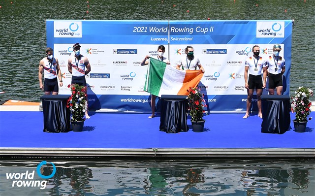 Fintan Joseph Mc Carthy (b), Paul O'Donovan (s), Gold, Ireland, Kristoffer Brun (b), Are Weierholt Strandli (s), Silver, Norway, Jonathan Rommelmann (b), Jason Osborne (s), Bronze, Germany, Lightweight Men's Double Sculls, 2021 World Rowing Cup II, Lucerne, Switzerland, 2021 World Rowing Cup II, Lucerne, Switzerland / Detlev Seyb/MyRowingPhoto.com