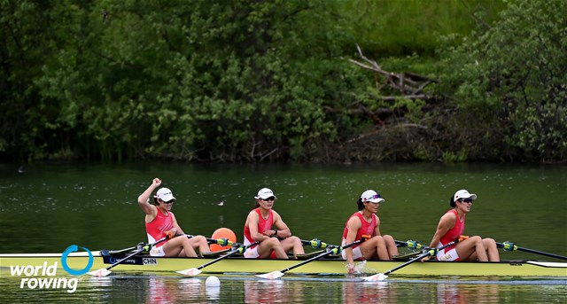 Yunxia Chen (b), Ling Zhang, Yang Lyu, Xiaotong Cui (s), Women's Quadruple Sculls, People's Republic of China, 2021 World Rowing Cup II, Lucerne, Switzerland, Detlev Seyb/MyRowingPhoto.com