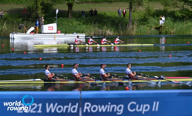 Dominik Czaja (b), Wiktor Chabel, Szymon Posnik, Fabian Baranski (s), Men's Quadruple Sculls, Poland, 2021 World Rowing Cup II, Lucerne, Switzerland, Detlev Seyb/MyRowingPhoto.com