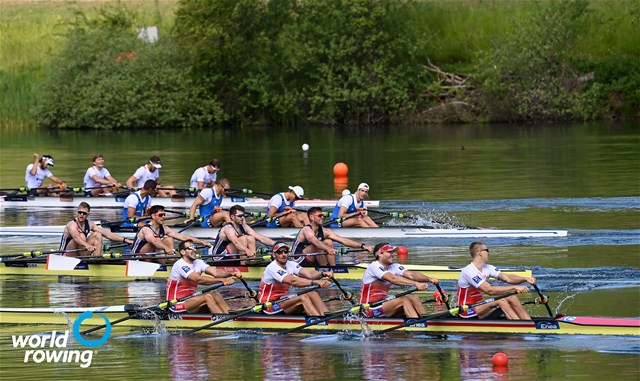 Dominik Czaja (b), Wiktor Chabel, Szymon Posnik, Fabian Baranski (s), Men's Quadruple Sculls, Poland, 2021 World Rowing Cup II, Lucerne, Switzerland, Detlev Seyb/MyRowingPhoto.com