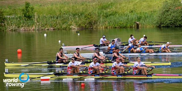 Dominik Czaja (b), Wiktor Chabel, Szymon Posnik, Fabian Baranski (s), Men's Quadruple Sculls, Poland, 2021 World Rowing Cup II, Lucerne, Switzerland, Detlev Seyb/MyRowingPhoto.com
