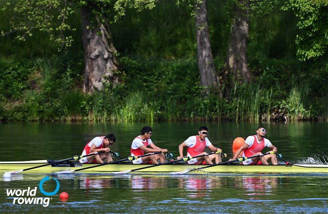 Xudi Yi (b), Ha Zang, Dang Liu, Quan Zhang (s), Men's Quadruple Sculls, People's Republic of China, 2021 World Rowing Cup II, Lucerne, Switzerland, Detlev Seyb/MyRowingPhoto.com