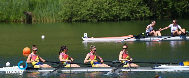 Nicoleta Pascanu (b), Elena Logofatu, Cristina-Georgiana Popescu, Roxana-Iuliana Anghel (s), Women's Four, Romania, 2021 World Rowing Cup II, Lucerne, Switzerland, Detlev Seyb/MyRowingPhoto.com