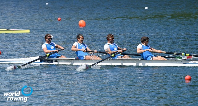 Marco Di Costanzo (b), Giovanni Abagnale, Bruno Rosetti, Matteo Castaldo (s), Men's Four, Italy, 2021 World Rowing Cup II, Lucerne, Switzerland, Detlev Seyb/MyRowingPhoto.com