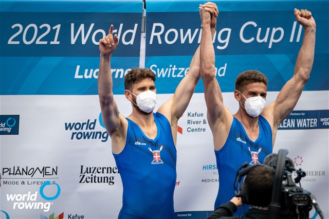 Martin Mackovic (b), Milos Vasic (s), Men's Pair, Serbia, 2021 World Rowing Cup II, Lucerne, Switzerland / World Rowing/Benedict Tufnell