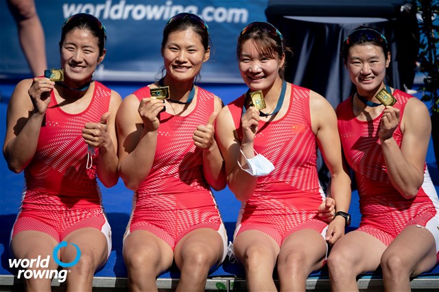 Yunxia Chen (b), Ling Zhang, Yang Lyu, Xiaotong Cui (s), Women's Quadruple Sculls, People's Republic of China, 2021 World Rowing Cup II, Lucerne, Switzerland / World Rowing/Benedict Tufnell