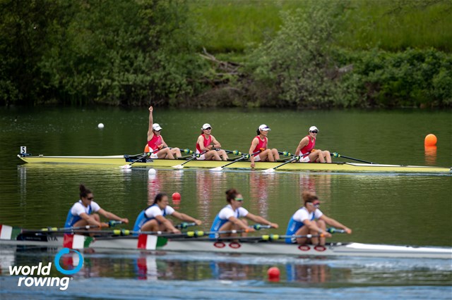 Yunxia Chen (b), Ling Zhang, Yang Lyu, Xiaotong Cui (s), Women's Quadruple Sculls, People's Republic of China, 2021 World Rowing Cup II, Lucerne, Switzerland / World Rowing/Benedict Tufnell