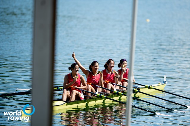 Yunxia Chen (b), Ling Zhang, Yang Lyu, Xiaotong Cui (s), Women's Quadruple Sculls, People's Republic of China, 2021 World Rowing Cup II, Lucerne, Switzerland / World Rowing/Benedict Tufnell