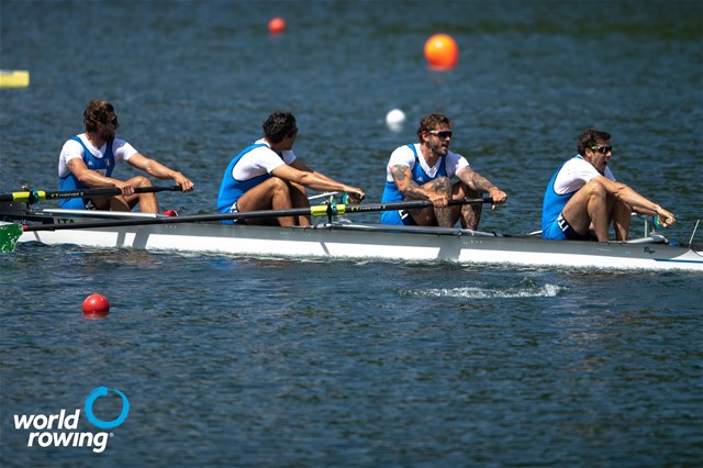 Marco Di Costanzo (b), Giovanni Abagnale, Bruno Rosetti, Matteo Castaldo (s), Men's Four, Italy, 2021 World Rowing Cup II, Lucerne, Switzerland / World Rowing/Benedict Tufnell