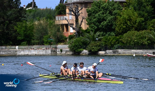 Dominik Czaja (b), Wiktor Chabel, Szymon Posnik, Fabian Baranski (s), Men's Quadruple Sculls, Poland, 2021 World Rowing Cup III, Sabaudia, Italy / Detlev Seyb/MyRowingPhoto.com