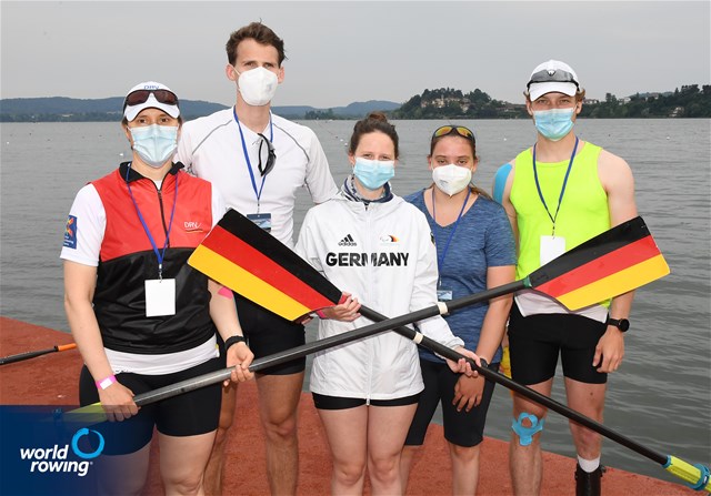 Valentin Luz (b), Claire-Marie Edwige Janicki, Marc Lembeck, Susanne Lackner (s), Inga Thoene (c), PR3 Mixed coxed four , Germany, 2021 Final Paralympic Qualification Regatta, Gavirate, Italy / Maren Derlien/MyRowingPhoto.com