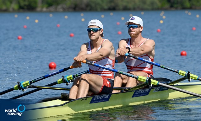 Barnabe Delarze (b), Roman Roeoesli (s), Men's Double Sculls, Switzerland, 2021 World Rowing Cup III, Sabaudia, Italy / Detlev Seyb/MyRowingPhoto.com