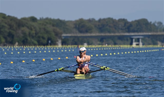 Barnabe Delarze (b), Roman Roeoesli (s), Men's Double Sculls, Switzerland, 2021 World Rowing Cup III, Sabaudia, Italy / Detlev Seyb/MyRowingPhoto.com