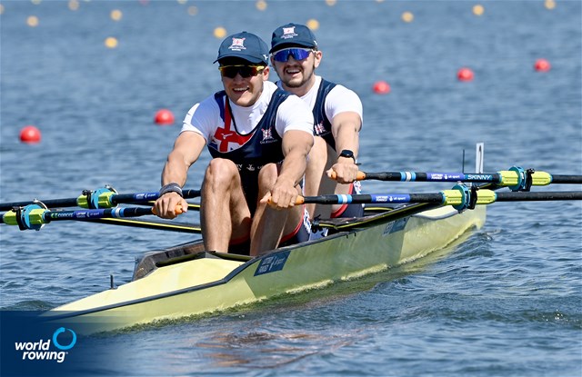Victor Kleshnev (b), Rory Harris (s), Men's Double Sculls, Great Britain, 2021 World Rowing Cup III, Sabaudia, Italy / Detlev Seyb/MyRowingPhoto.com