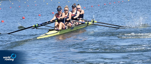 Lauren Irwin (b), Hope Cessford, Daisy Bellamy, Esme Booth (s), Women's Four, Great Britain, 2021 World Rowing Cup III, Sabaudia, Italy / Detlev Seyb/MyRowingPhoto.com