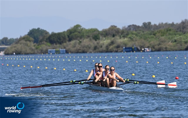 Ida Jacobsen (b), Trine Dahl Pedersen, Frida Sanggaard Nielsen, Christina Johansen (s), Women's Four, Denmark, 2021 World Rowing Cup III, Sabaudia, Italy / Detlev Seyb/MyRowingPhoto.com