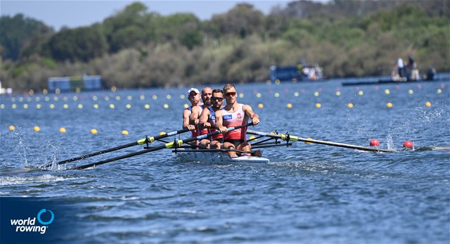 Mateusz Wilangowski (b), Mikolaj Burda, Marcin Brzezinski, Michal Szpakowski (s), Men's Four, Poland, 2021 World Rowing Cup III, Sabaudia, Italy / Detlev Seyb/MyRowingPhoto.com