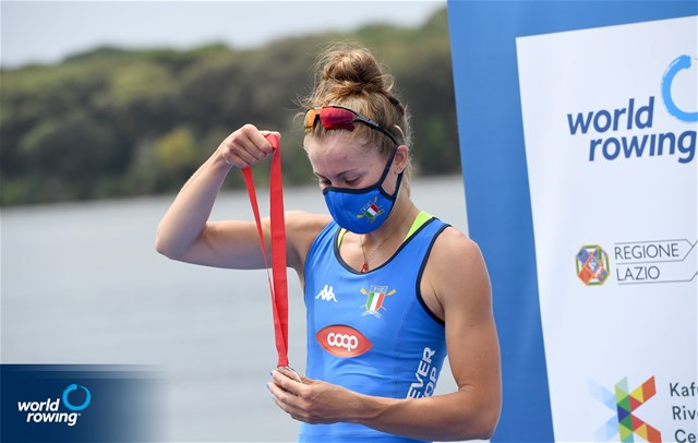 Paola Piazzolla, Lightweight Women's Single Sculls, Italy, silver, 2021 World Rowing Cup III, Sabaudia, Italy / Detlev Seyb/MyRowingPhoto.com